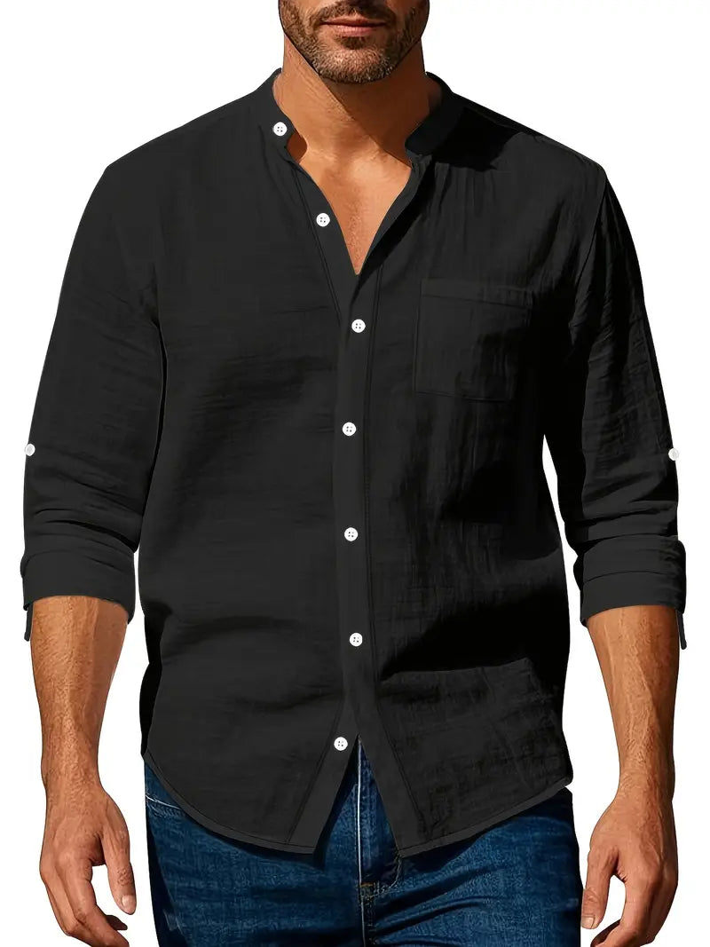 "Chemise en lin légère pour homme, style décontracté, idéale pour l'été, haute respirabilité, couleur naturelle."