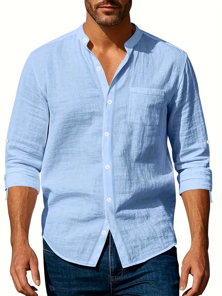 "Chemise en lin légère pour homme, style décontracté, idéale pour l'été, haute respirabilité, couleur naturelle."