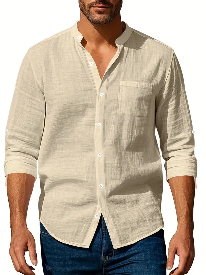 "Chemise en lin légère pour homme, style décontracté, idéale pour l'été, haute respirabilité, couleur naturelle."