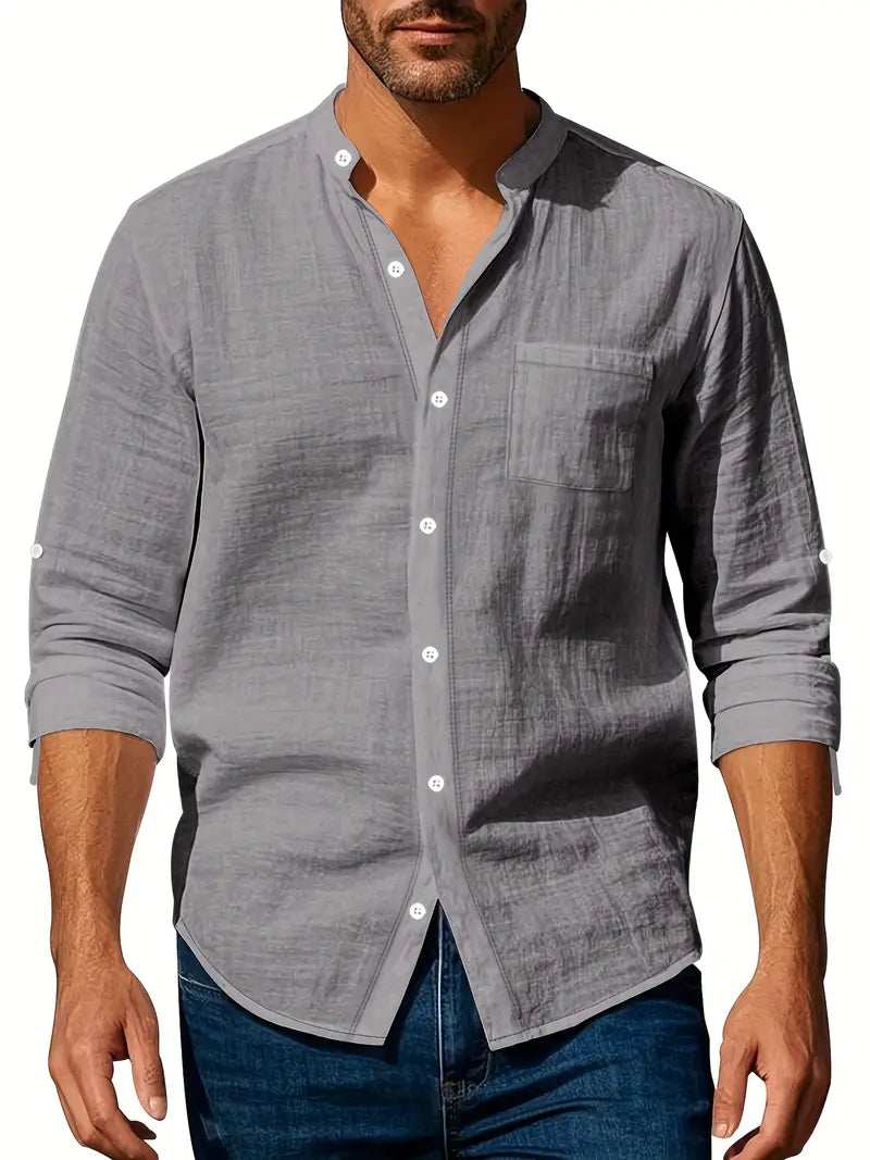 "Chemise en lin légère pour homme, style décontracté, idéale pour l'été, haute respirabilité, couleur naturelle."