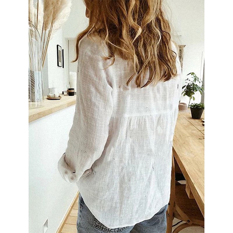 Chemise en lin noir avec col pointu, manches longues, tissu léger, style chic et décontracté pour femmes, look élégant.