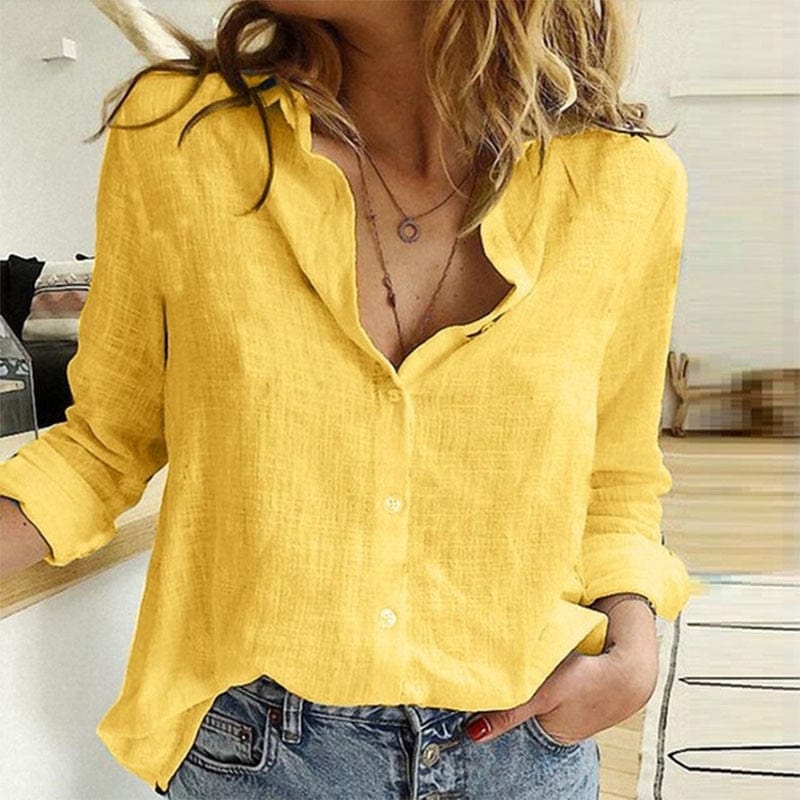 Chemise en lin noir avec col pointu, manches longues, tissu léger, style chic et décontracté pour femmes, look élégant.