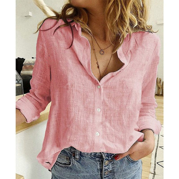 Chemise en lin noir avec col pointu, manches longues, tissu léger, style chic et décontracté pour femmes, look élégant.