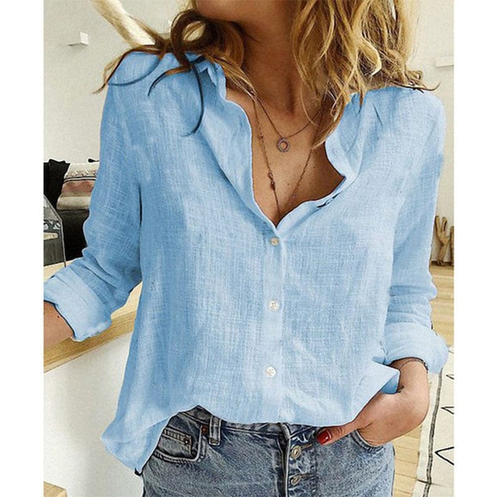 Chemise en lin noir avec col pointu, manches longues, tissu léger, style chic et décontracté pour femmes, look élégant.