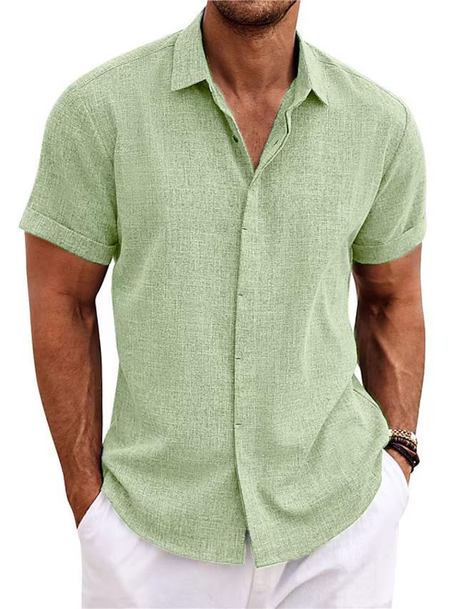 "Chemise en lin pour hommes à manches courtes, style décontracté, texture douce, coupe ample, idéale pour l'été."
