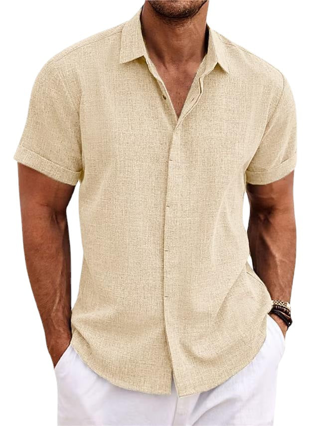 "Chemise en lin pour hommes à manches courtes, style décontracté, texture douce, coupe ample, idéale pour l'été."