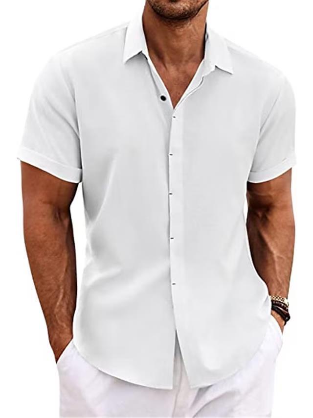 "Chemise en lin pour hommes à manches courtes, style décontracté, texture douce, coupe ample, idéale pour l'été."