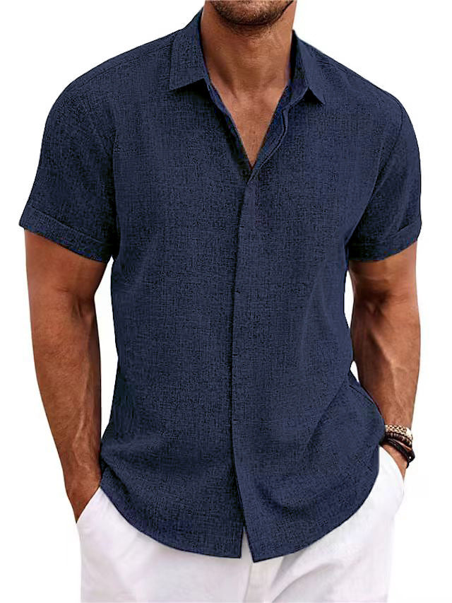 "Chemise en lin pour hommes à manches courtes, style décontracté, texture douce, coupe ample, idéale pour l'été."
