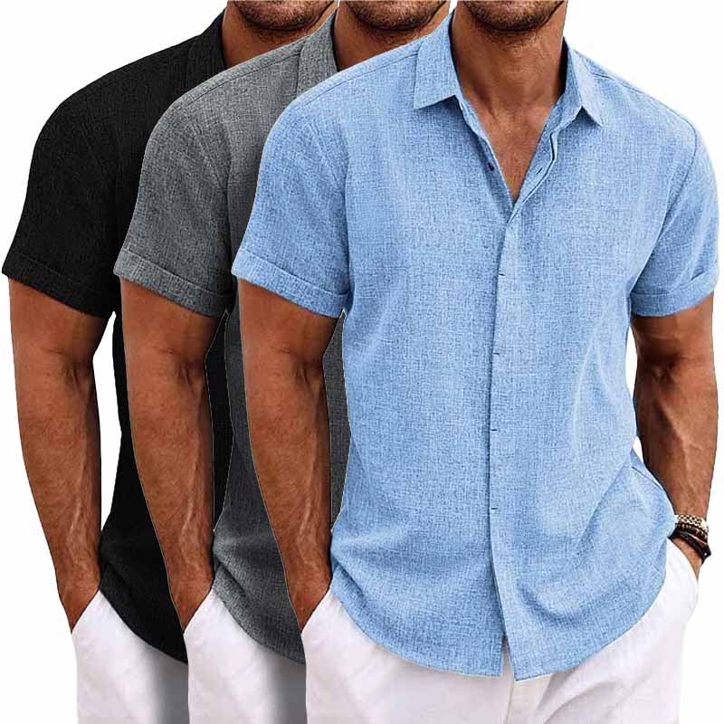 "Chemise en lin pour hommes à manches courtes, style décontracté, texture douce, coupe ample, idéale pour l'été."