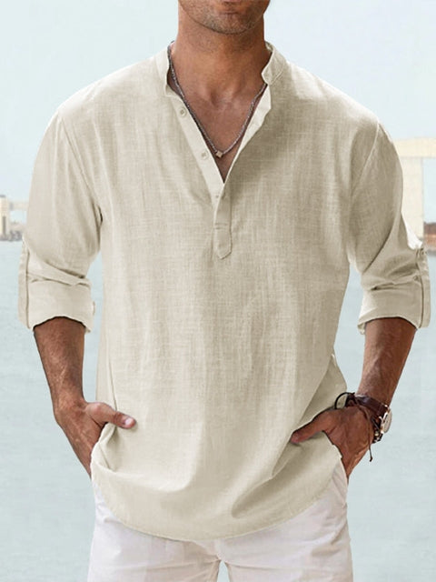 "Chemise en lin pour hommes, col Henley, coupe slim, tout en blanc, élégante et respirante, parfaite pour un style chic."