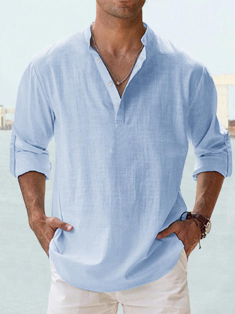 "Chemise en lin pour hommes, col Henley, coupe slim, tout en blanc, élégante et respirante, parfaite pour un style chic."