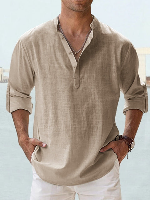 "Chemise en lin pour hommes, col Henley, coupe slim, tout en blanc, élégante et respirante, parfaite pour un style chic."