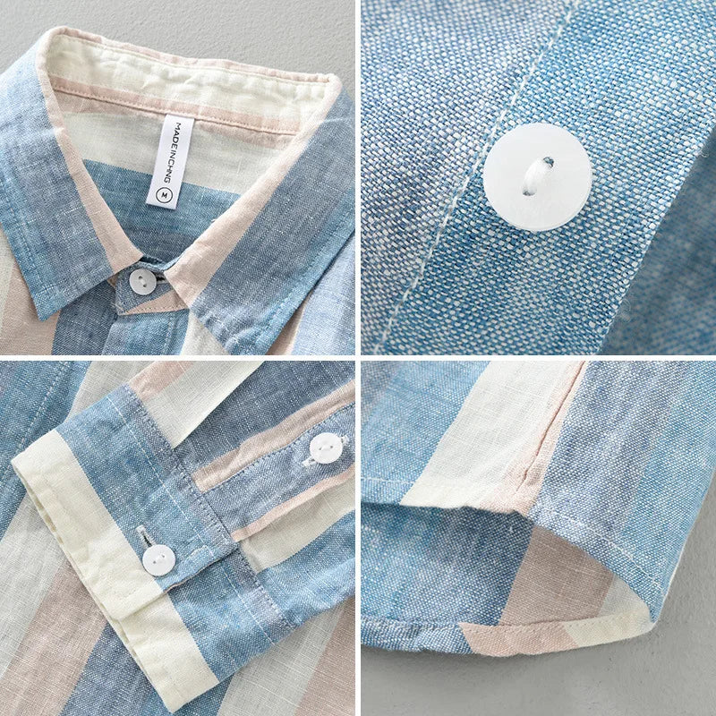 "Chemise en lin rayée pour homme, élégante et respirante, rayures verticales, idéale pour l'été et occasions décontractées."