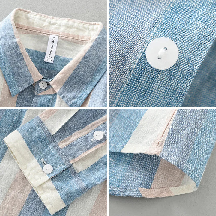 "Chemise en lin rayée pour homme, élégante et respirante, rayures verticales, idéale pour l'été et occasions décontractées."