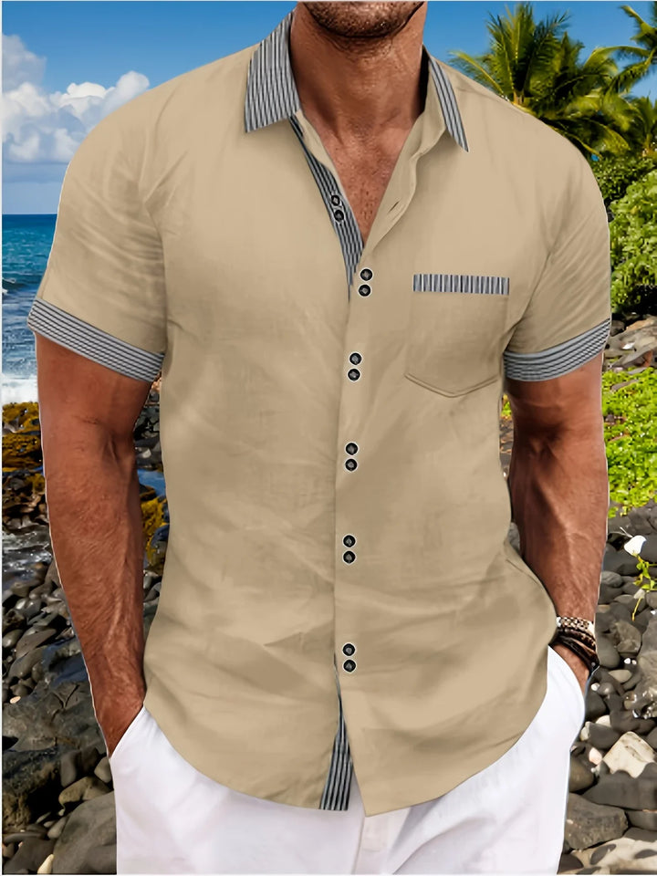 "Chemise en lin rayée style hawaïen pour homme, légère et estival, idéale pour l'été et les vacances."