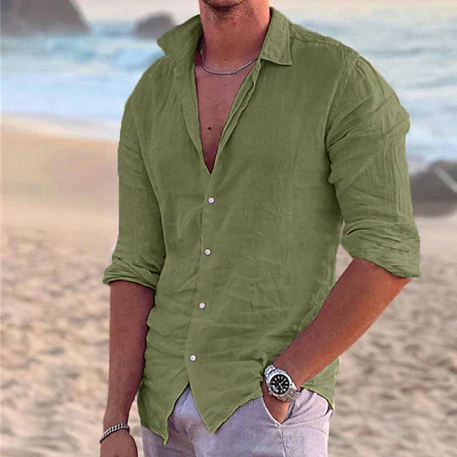 Chemise en lin rose pour homme, légère et respirante, parfaite pour rester élégant lors des journées chaudes.