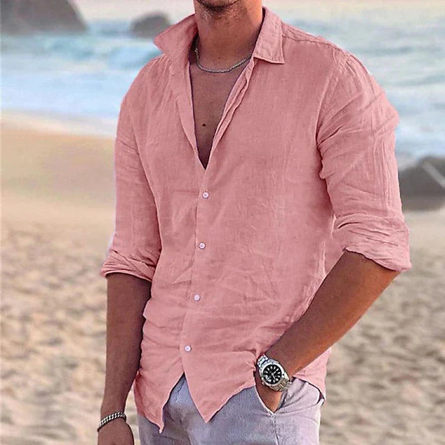 Chemise en lin rose pour homme, légère et respirante, parfaite pour rester élégant lors des journées chaudes.