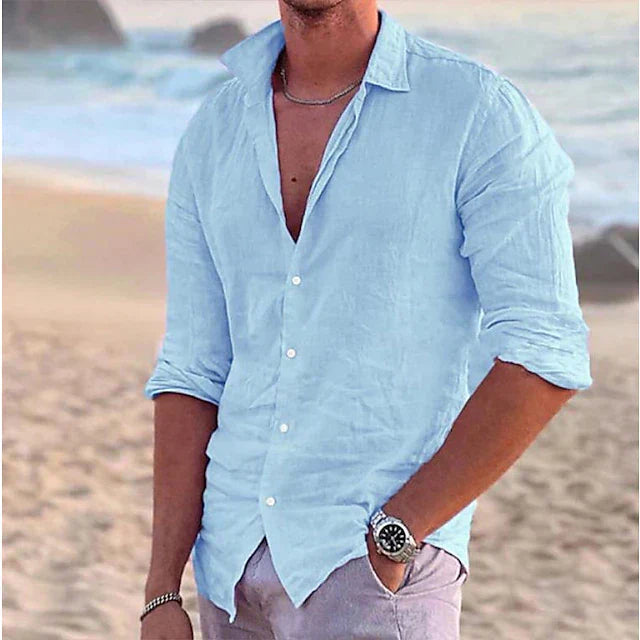Chemise en lin rose pour homme, légère et respirante, parfaite pour rester élégant lors des journées chaudes.