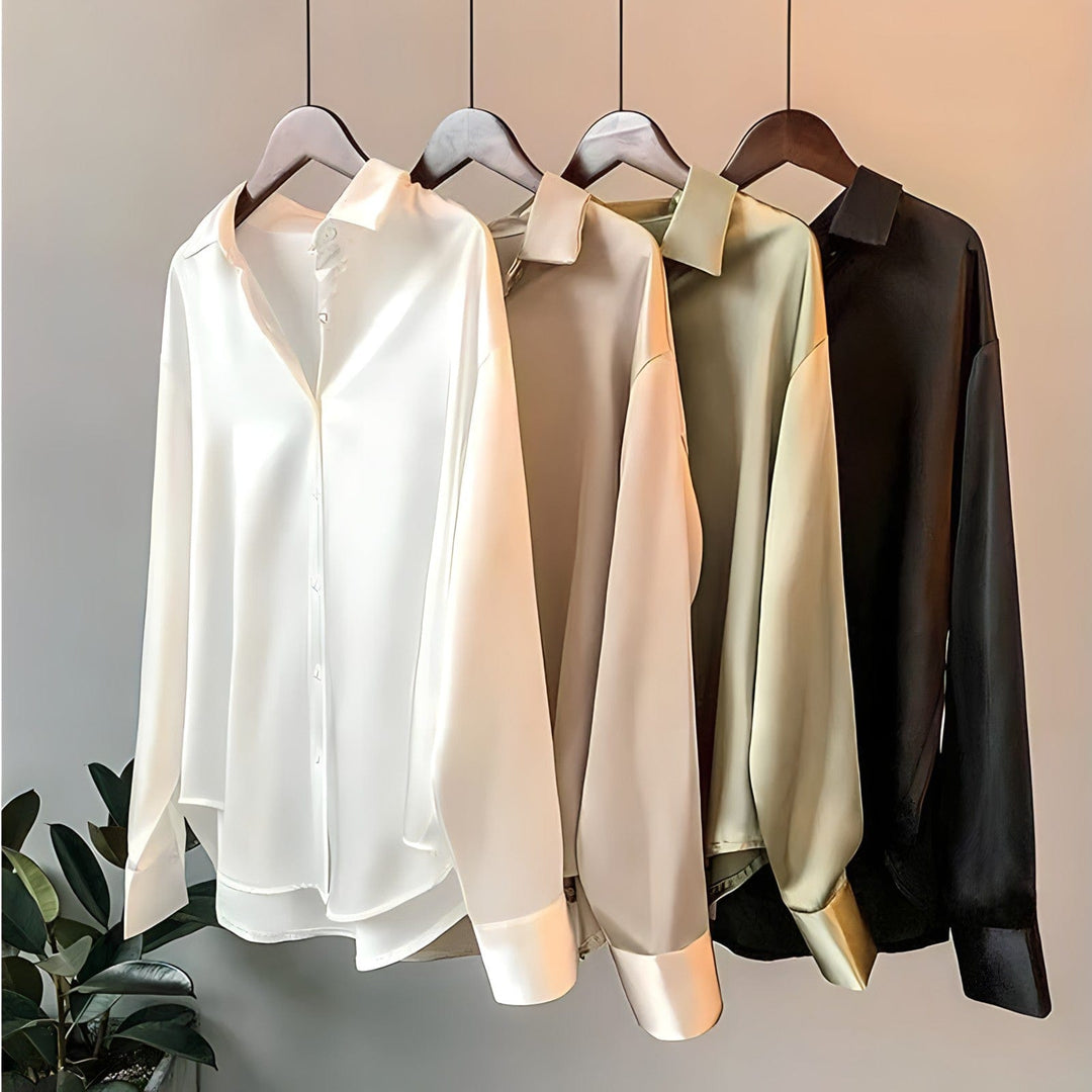 "Chemise en satin pour femme, couleur champagne, luxueuse et polyvalente, idéale pour bureau ou sorties élégantes."