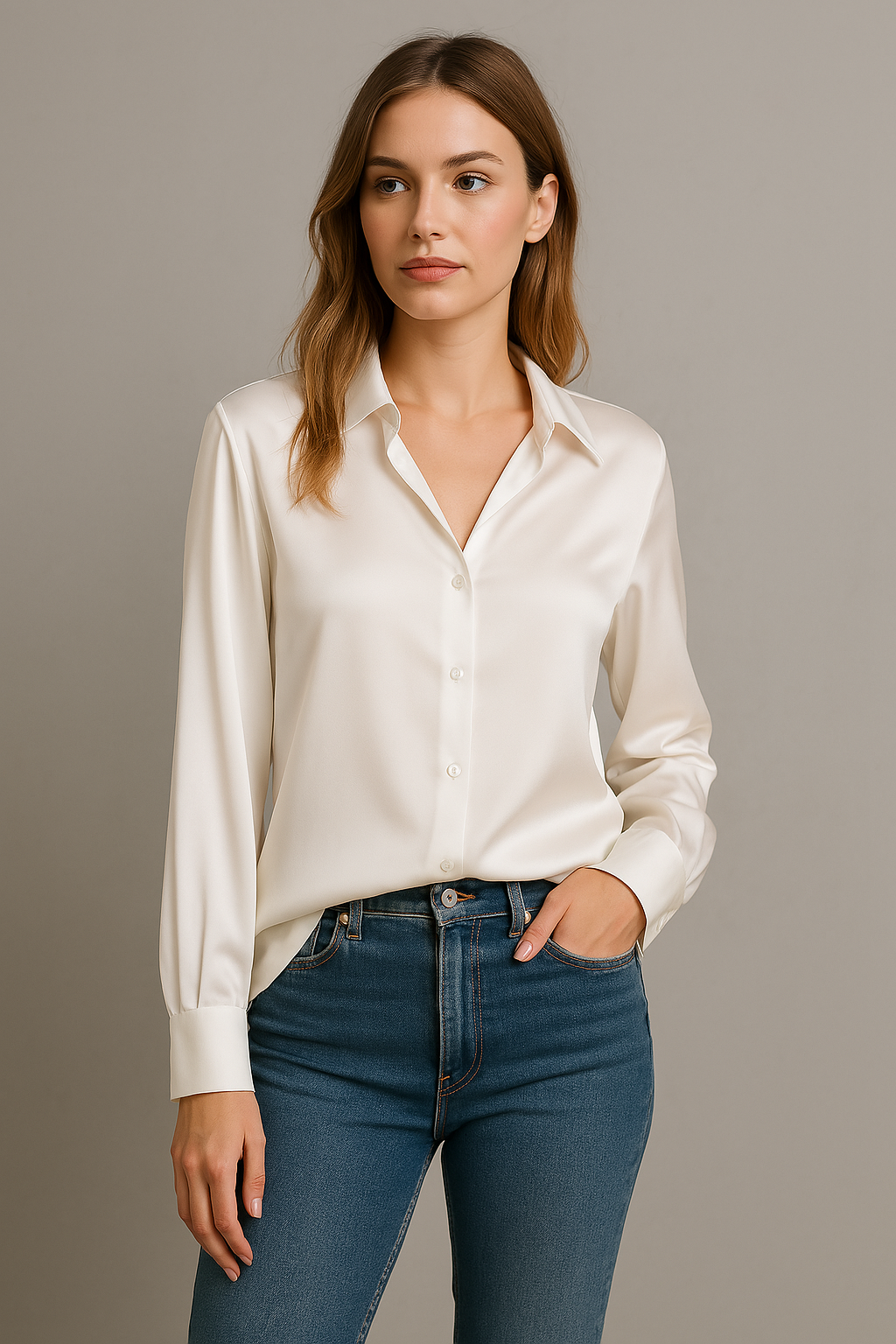"Chemise en soie blanche pour femme, élégante et chic, idéale pour des occasions formelles ou un look décontracté."