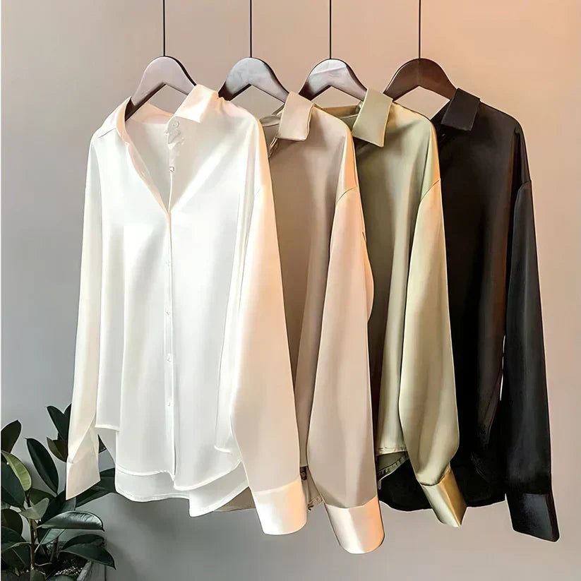 "Chemise en soie blanche pour femme, élégante et chic, idéale pour des occasions formelles ou un look décontracté."