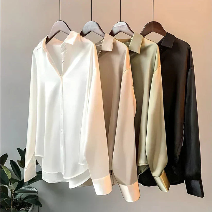 "Chemise en soie blanche pour femme, élégante et chic, idéale pour des occasions formelles ou un look décontracté."
