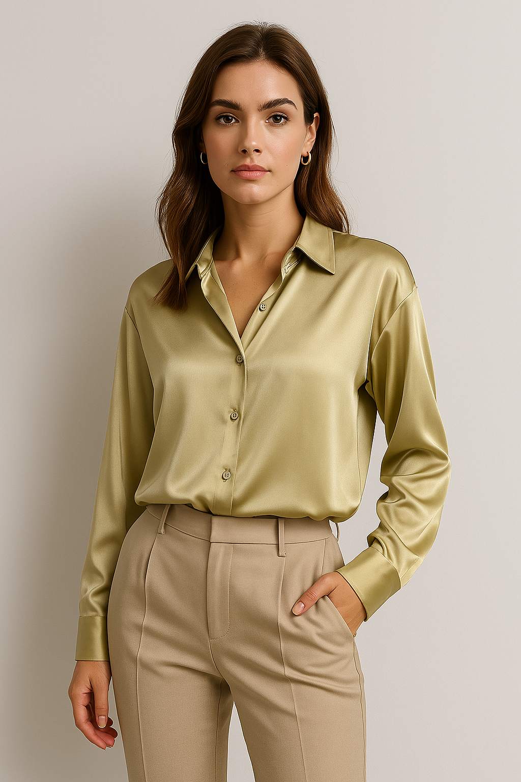 "Chemise en soie blanche pour femme, élégante et chic, idéale pour des occasions formelles ou un look décontracté."