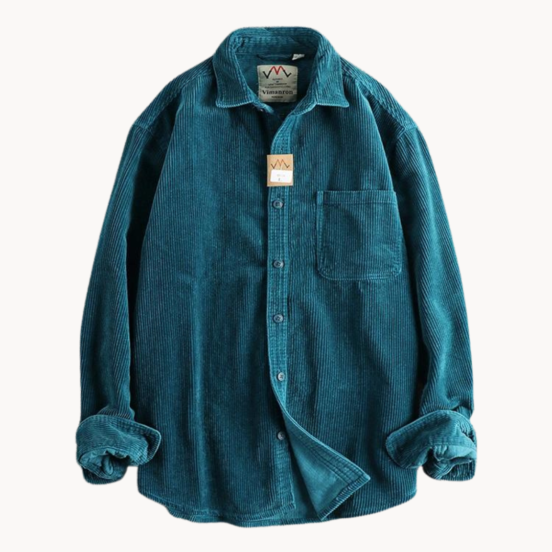 "Chemise en velours côtelé orange pour homme, texture côtelée et poche poitrine, polyvalente et résistante."