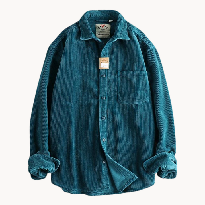 "Chemise en velours côtelé orange pour homme, texture côtelée et poche poitrine, polyvalente et résistante."