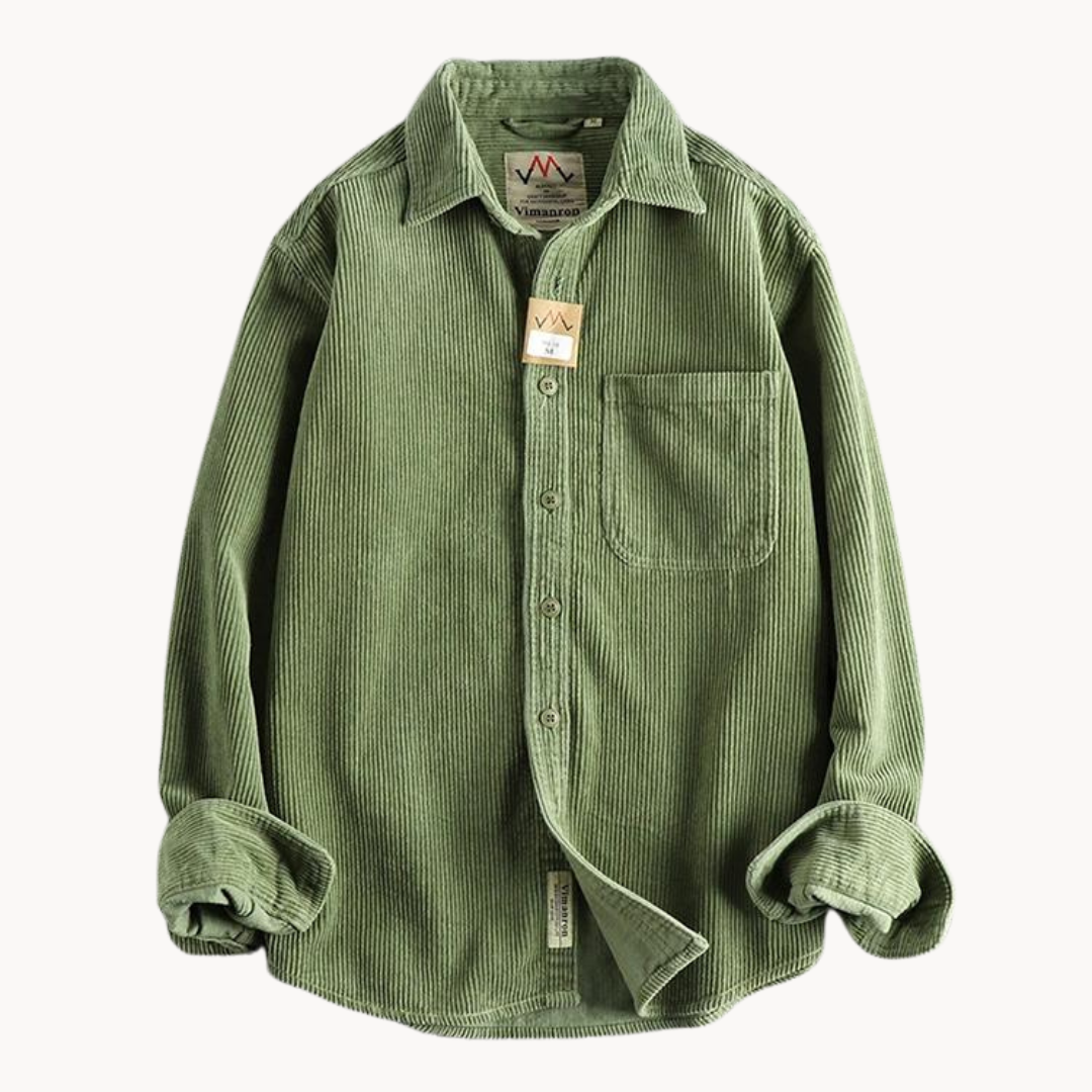 "Chemise en velours côtelé orange pour homme, texture côtelée et poche poitrine, polyvalente et résistante."