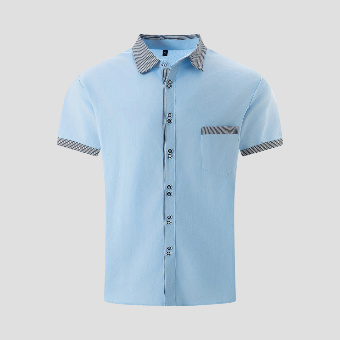 "Chemise été homme décontractée en coton, manches courtes contrastées, allure chic et confortable pour style estival"