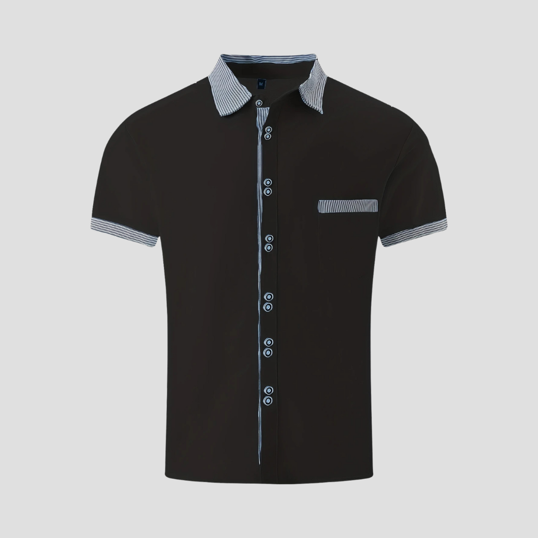 "Chemise été homme décontractée en coton, manches courtes contrastées, allure chic et confortable pour style estival"