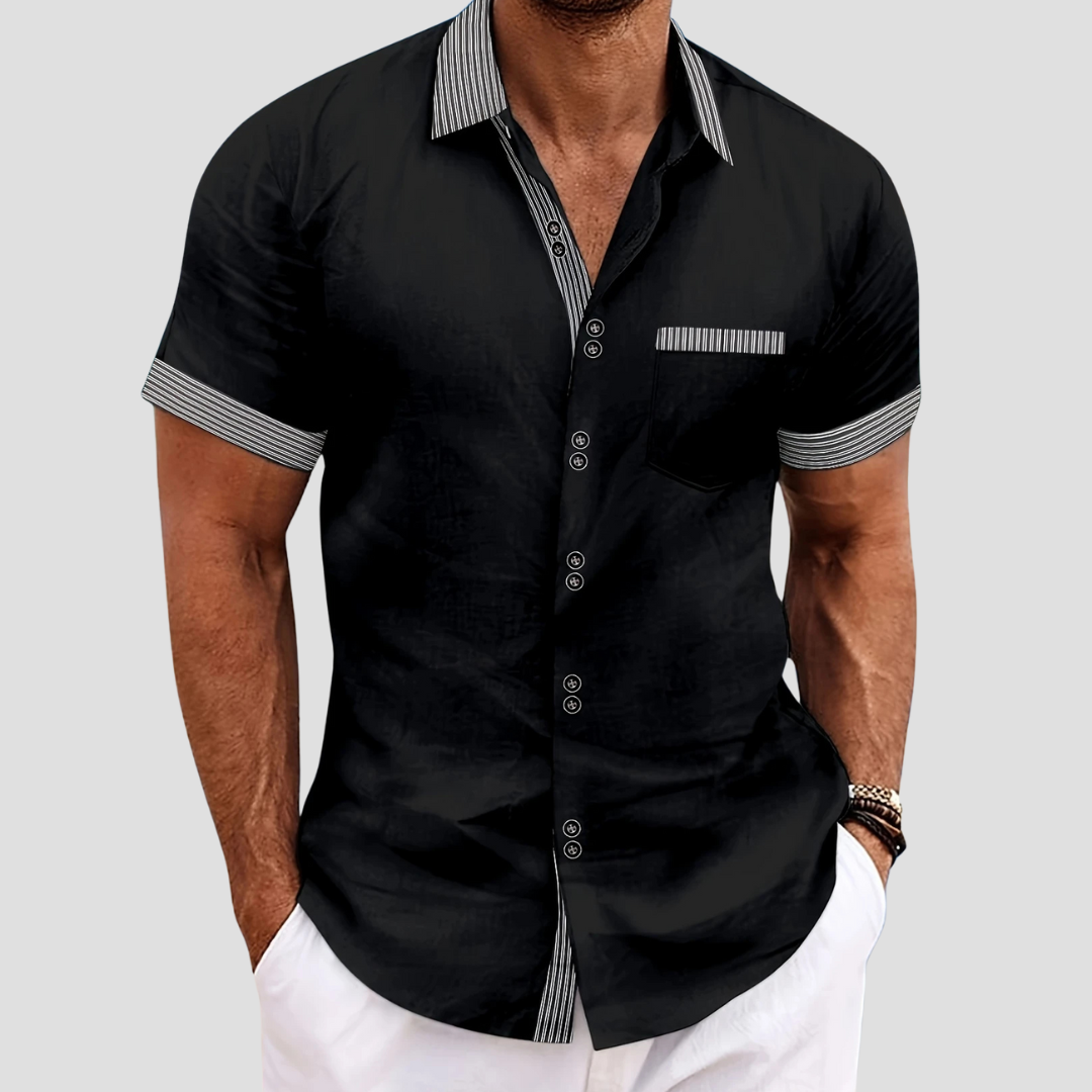 "Chemise été homme décontractée en coton, manches courtes contrastées, allure chic et confortable pour style estival"