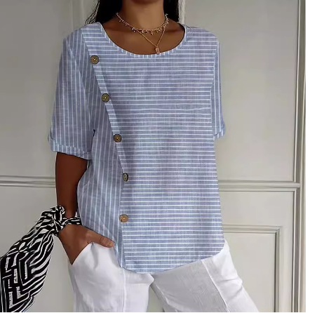 Chemise femme bleu, coton lin, imprimé, décontractée.  Style estival léger et aéré.