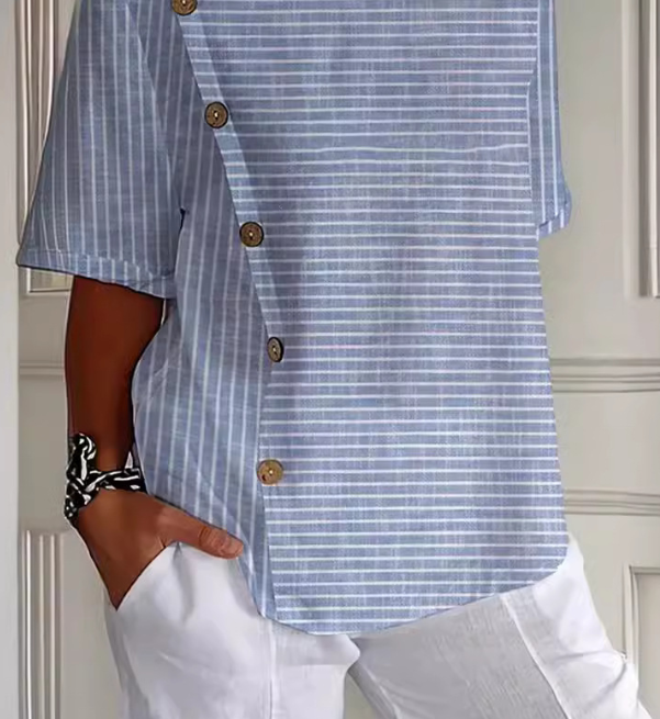 Chemise femme bleu, coton lin, imprimé, décontractée.  Style estival léger et aéré.