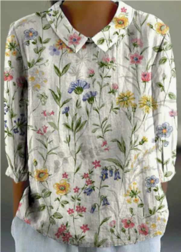 Chemise femme, coton lin, floral rétro.  Imprimé élégant, style printanier/estival.