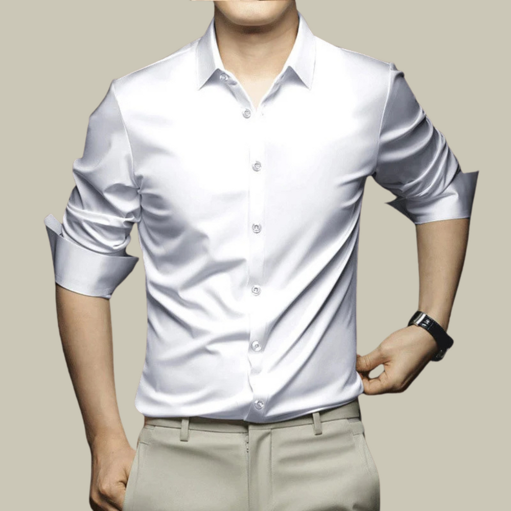 Chemise formelle en soie pour homme, élégante, tissu soyeux, ajustement parfait, disponible en plusieurs couleurs.