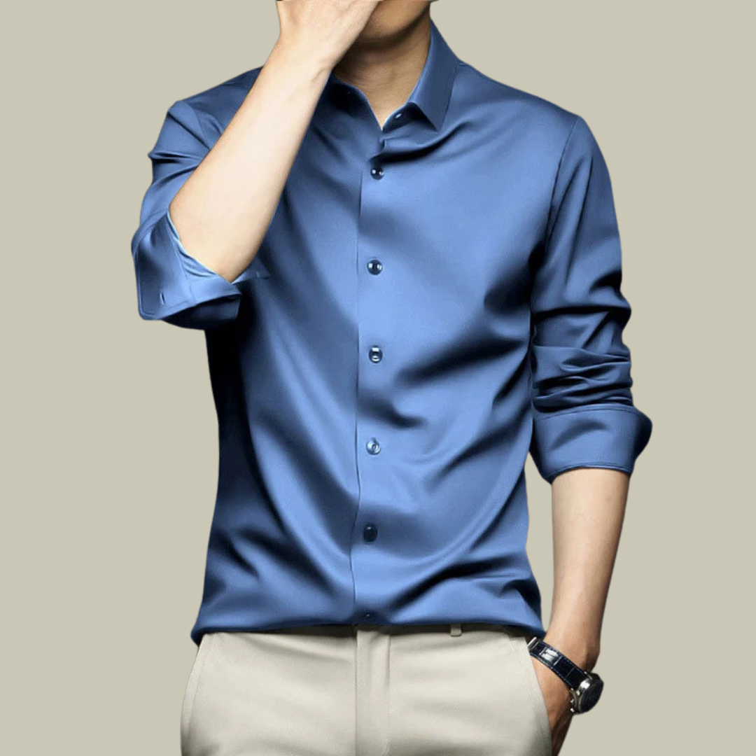 Chemise formelle en soie pour homme, élégante, tissu soyeux, ajustement parfait, disponible en plusieurs couleurs.