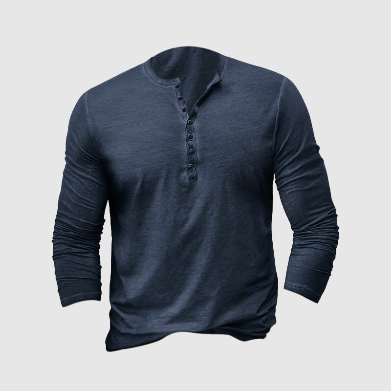 "Chemise Henley classique homme, élégante, tissu haute qualité, coupe ajustée pour style sophistiqué intemporel."