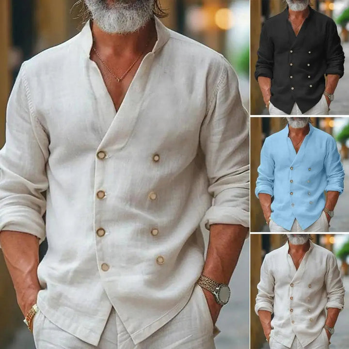Chemise homme col V, design enveloppé élégant. Coupe moderne, tissu de qualité.