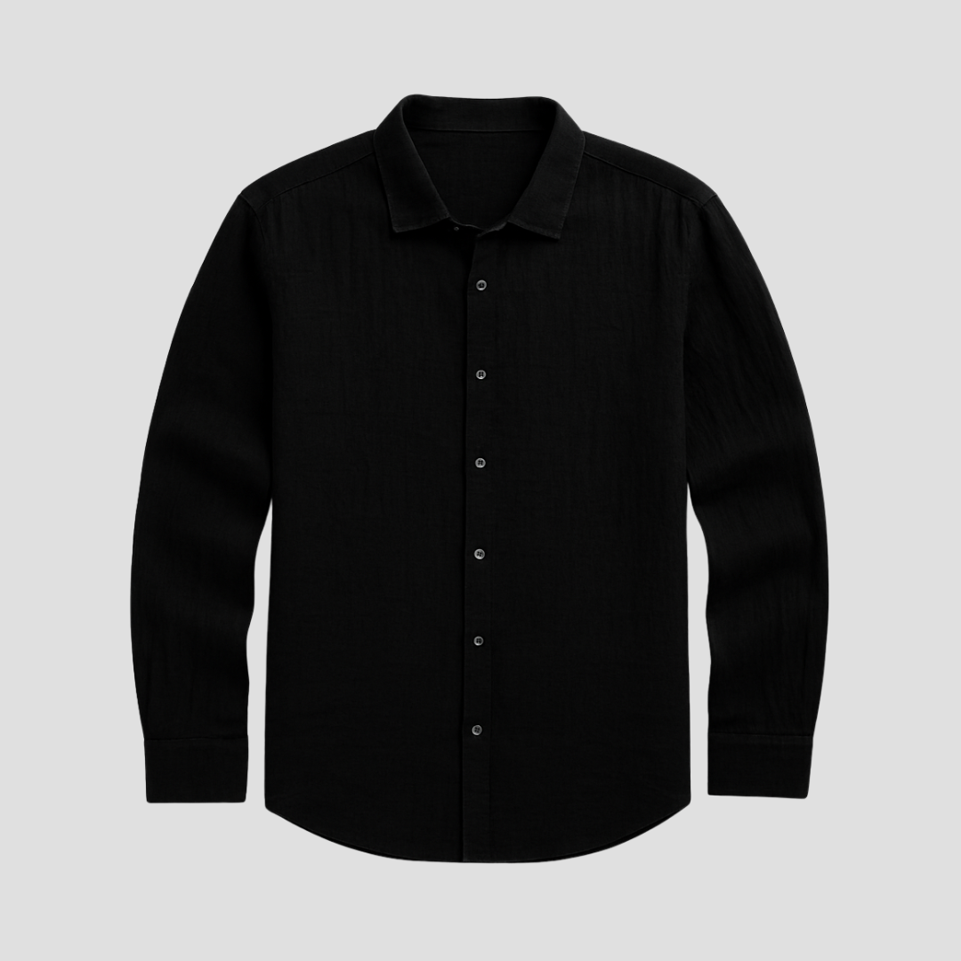 "Chemise homme coton-lin, légère, manches longues, coupe droite, col classique, vue avant, idéale pour l'été."