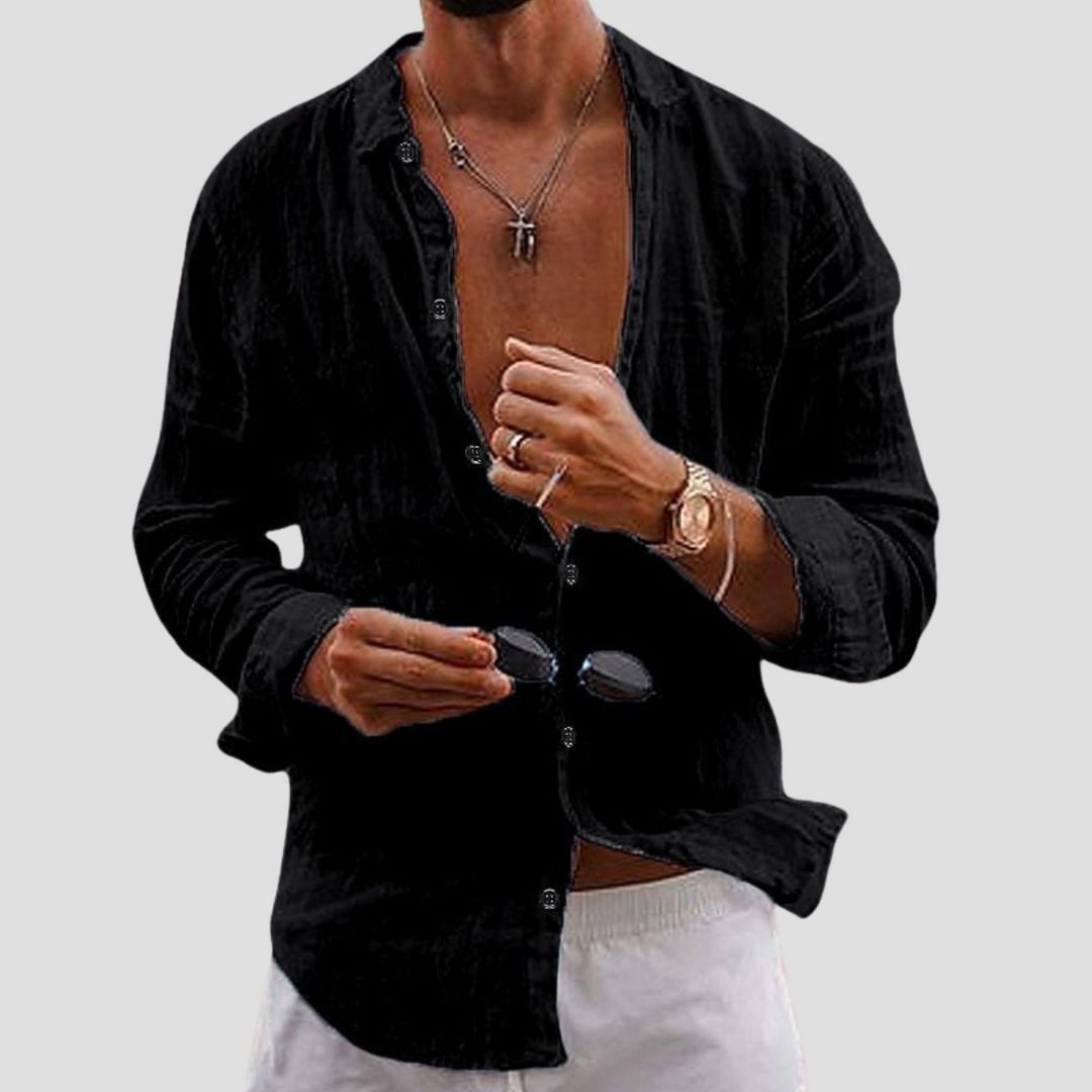 "Chemise homme coton-lin, légère, manches longues, coupe droite, col classique, vue avant, idéale pour l'été."