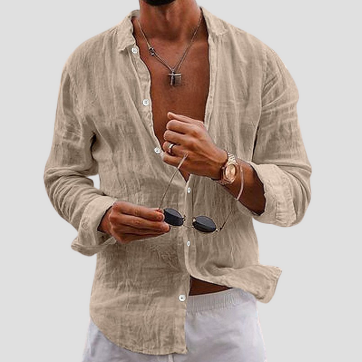 "Chemise homme coton-lin, légère, manches longues, coupe droite, col classique, vue avant, idéale pour l'été."
