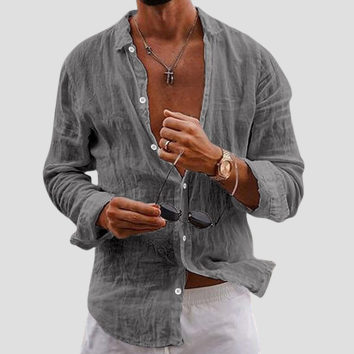 "Chemise homme coton-lin, légère, manches longues, coupe droite, col classique, vue avant, idéale pour l'été."