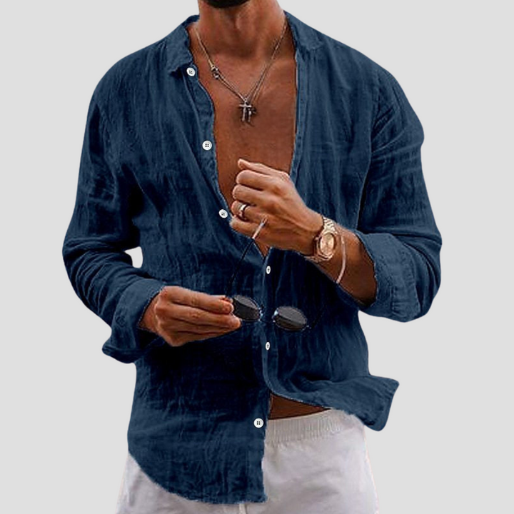 "Chemise homme coton-lin, légère, manches longues, coupe droite, col classique, vue avant, idéale pour l'été."