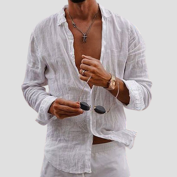 "Chemise homme coton-lin, légère, manches longues, coupe droite, col classique, vue avant, idéale pour l'été."