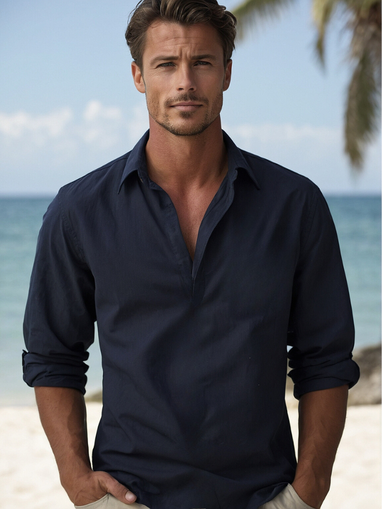 Chemise homme décontractée à col ouvert pour l'été. Style fluide et confortable, mode masculine.