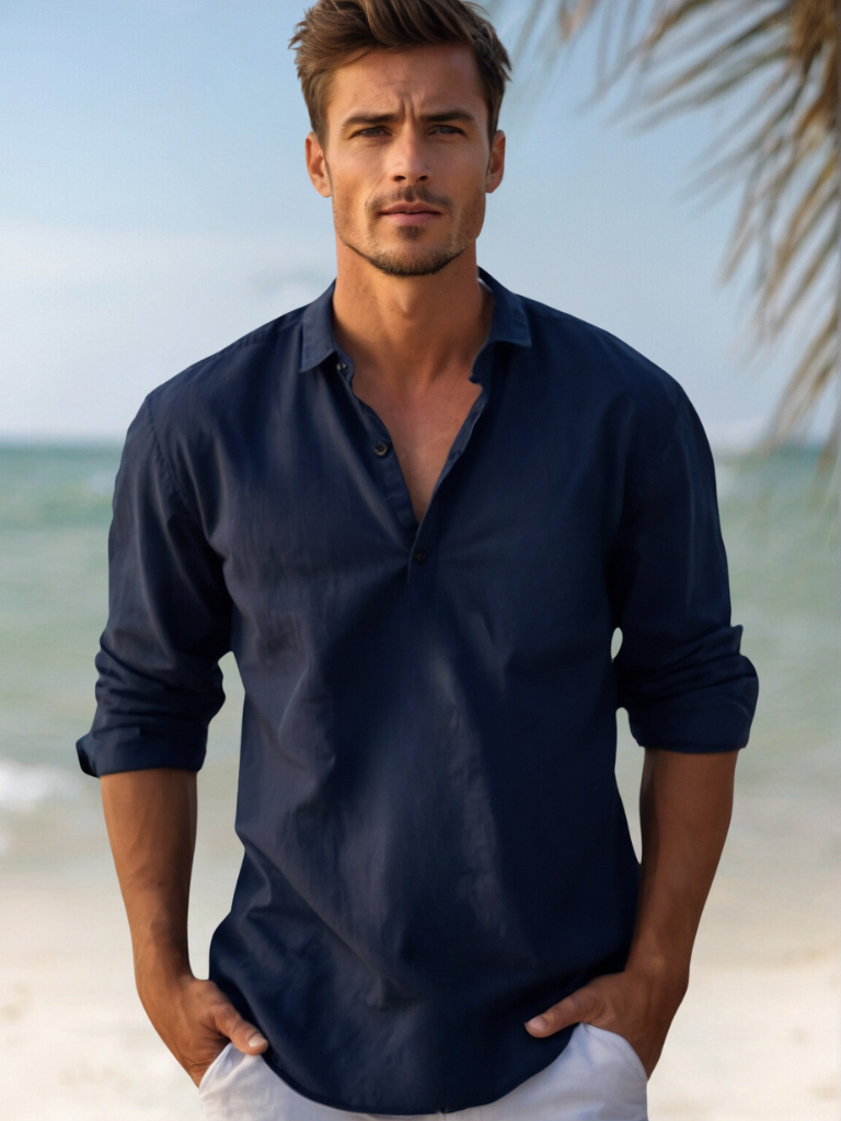 Chemise homme chic et estivale, coupe fluide à col ouvert. Idéale pour la plage et un look décontracté.