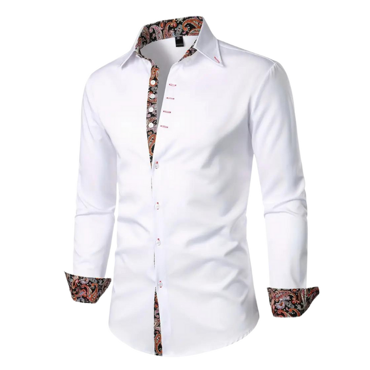 Chemise homme élégante à motif paisley, tissu haut de gamme, coupe ajustée, idéale événements formels et semi-formels.