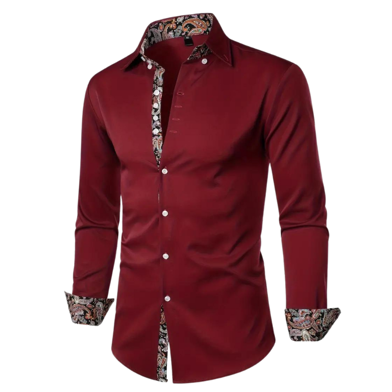 Chemise homme élégante à motif paisley, tissu haut de gamme, coupe ajustée, idéale événements formels et semi-formels.